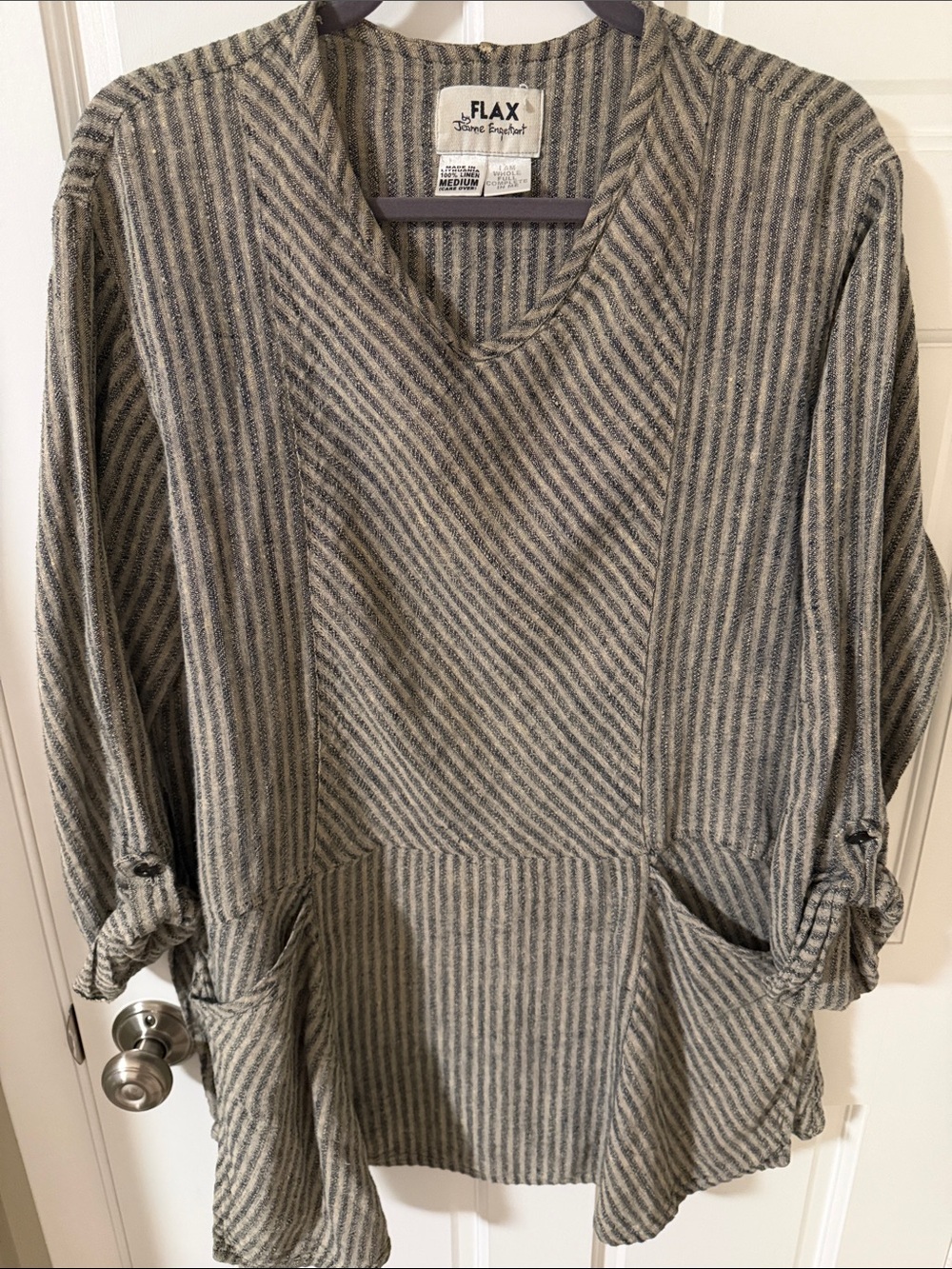 FLAX Jeanne Engelhart Striped Linen Tunic
Top V-Neck Pockets Lagenlook Medium